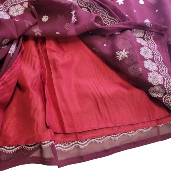 Maroon Saree Sequin Floral PRE SEWN Ready To Wear Saree Adjustable Waist - NEW - Picture 11 of 15